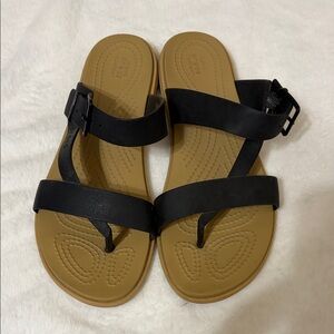 CROCS Black Strappy Slide Sandals with Tan Footbed